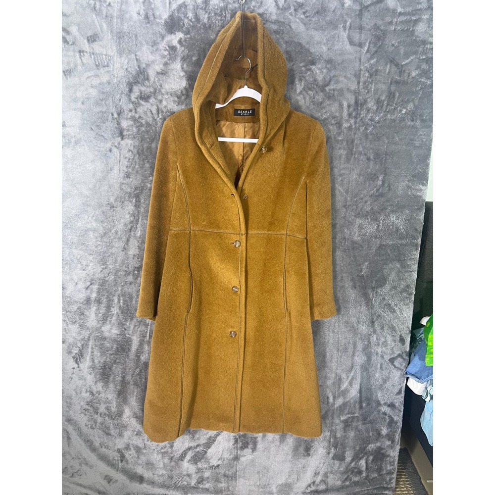Searle Studio Camel Brown Hooded Longline Coat Button Front Textured Outerwear